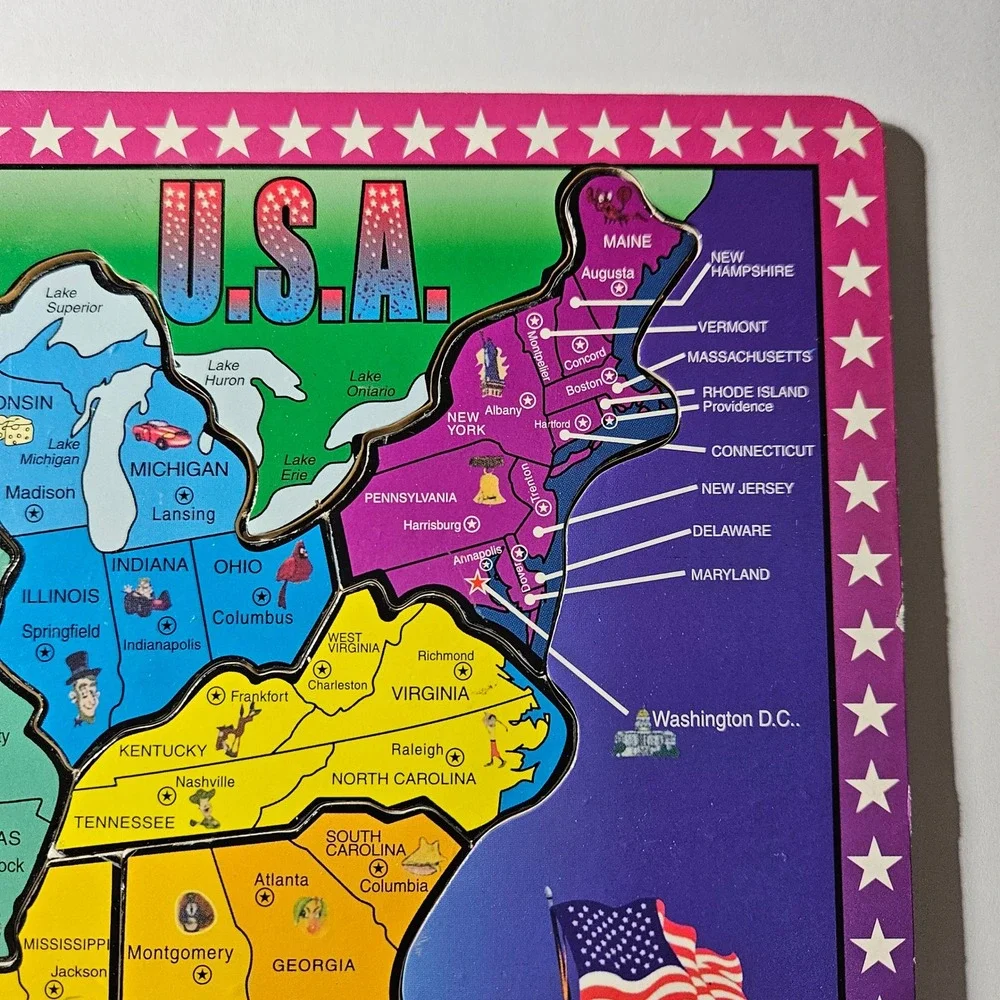 Vintage USA Map Wooden Tray Puzzle States and Their Capitals Educational Toy